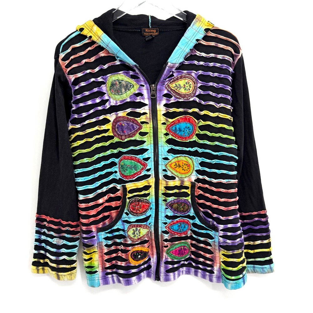 Rising International Zip Up Hoodie Womens XL Black Tie Dye Boho Hippie Nepal